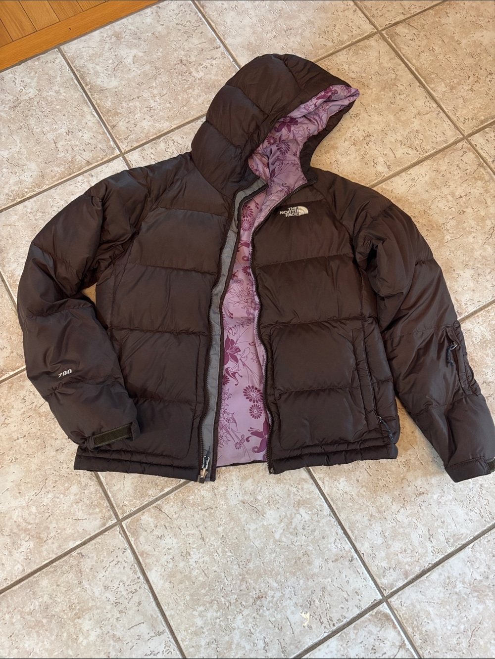 The North Face Women’s Brown Puffer Jacket with Purple Floral Lining